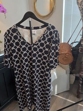 CAbi Navy & Cream Chain-Print V-Neck Midi Dress